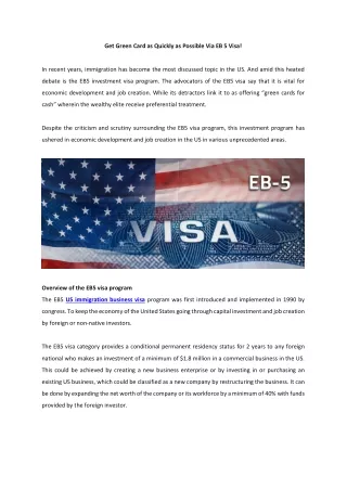Get Green Card as Quickly as Possible Via EB 5 Visa!