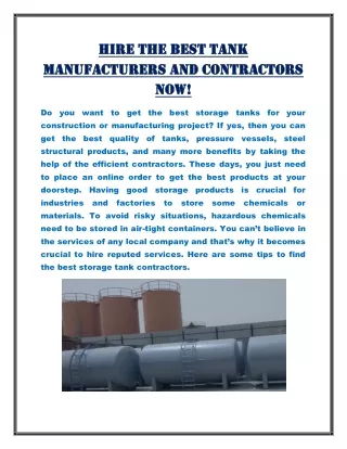 Hire the best tank manufacturers and contractors now!