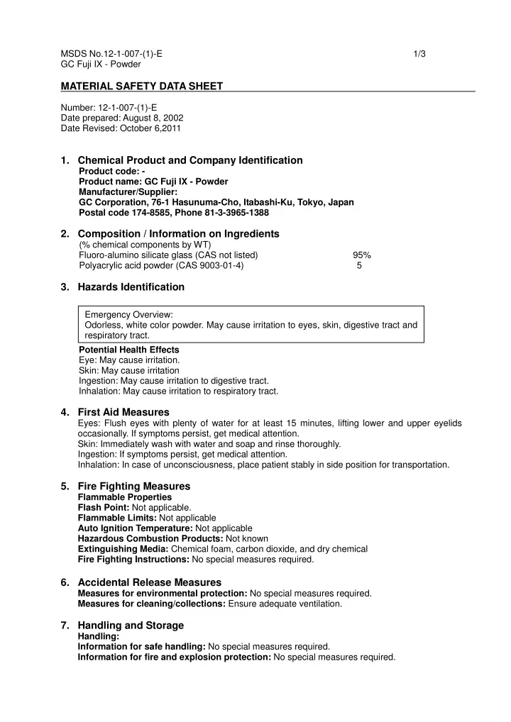 msds no 12 1 007 1 e gc fuji ix powder material