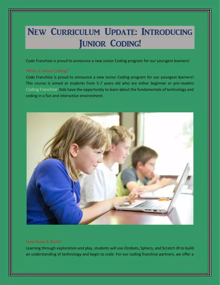 new curriculum update introducing junior coding