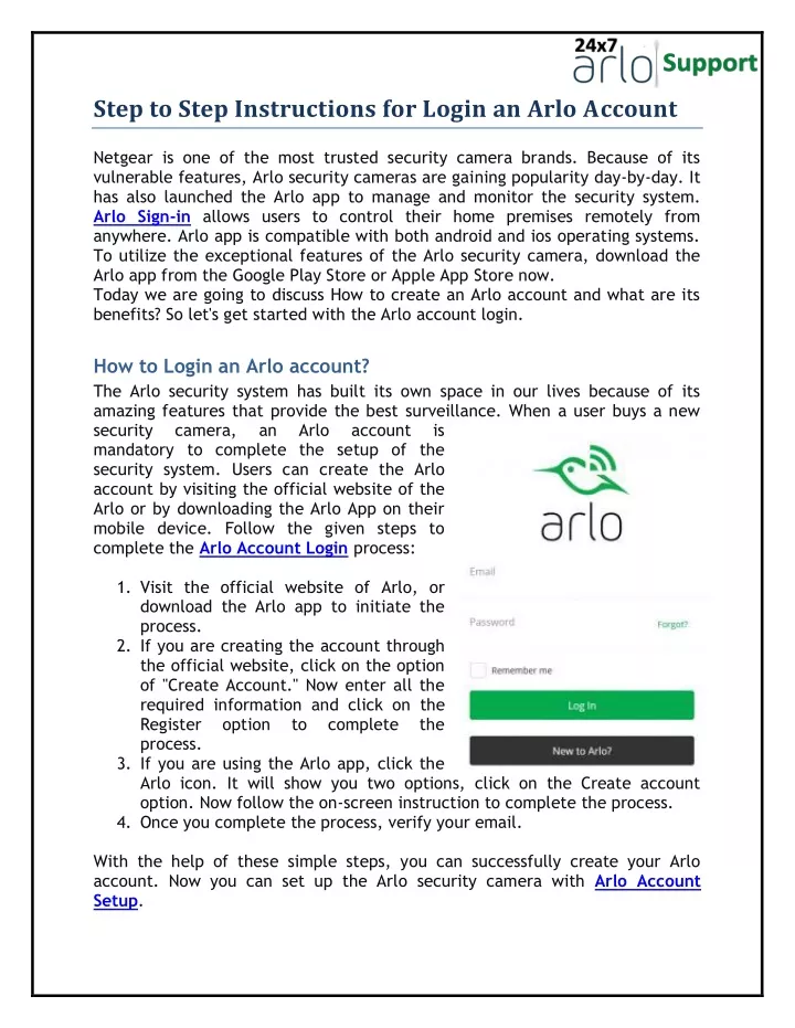 step to step instructions for login an arlo