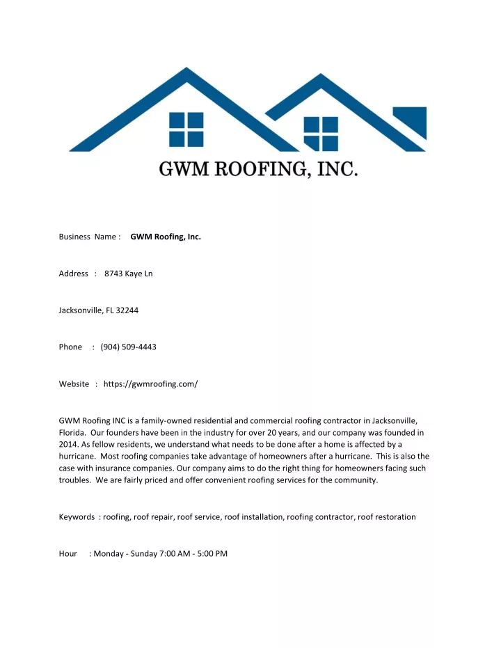 business name gwm roofing inc
