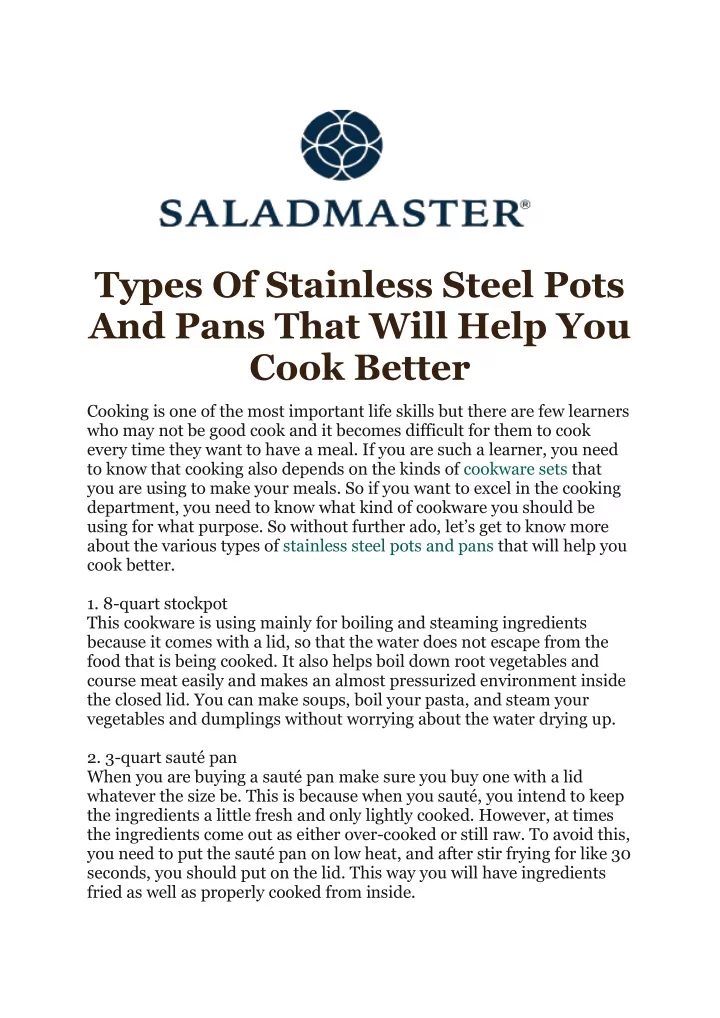 types of stainless steel pots and pans that will