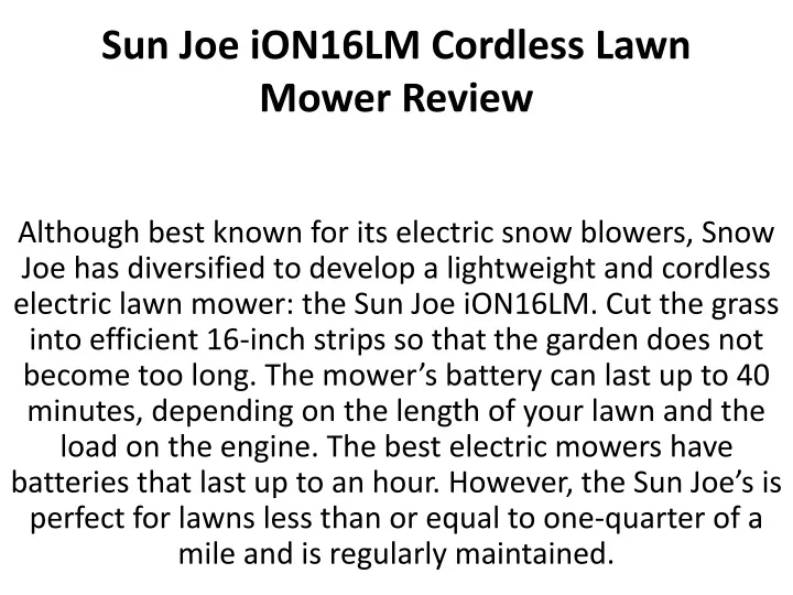 sun joe ion16lm cordless lawn mower review