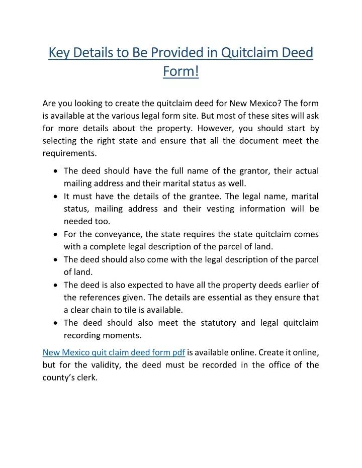 key details to be provided in quitclaim deed form