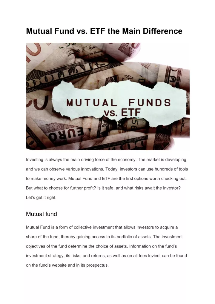 mutual fund vs etf the main difference