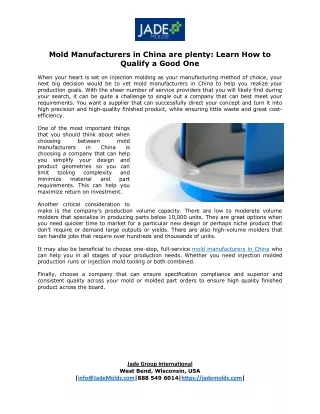 Mold Manufacturers in China are plenty: Learn How to Qualify a Good One