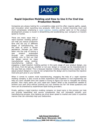 Rapid Injection Molding and How to Use it For End Use Production Needs