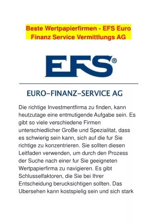 EFS Euro Finanz Service Vermittlungs AG | Beste Wertpapierfirmen