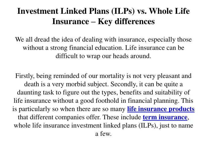 investment linked plans ilps vs whole life insurance key differences