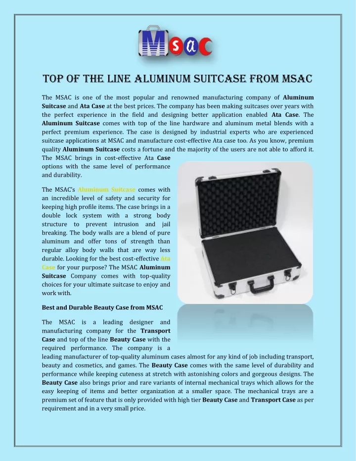 top of the line aluminum suitcase from msac