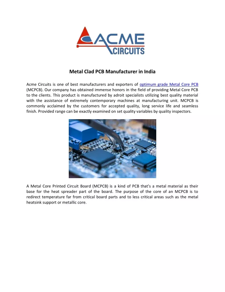 metal clad pcb manufacturer in india acme