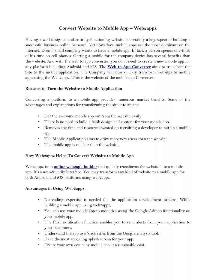 convert website to mobile app web2appz