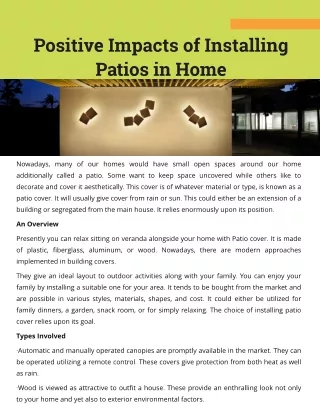 Positive Impacts of Installing Patios in Home