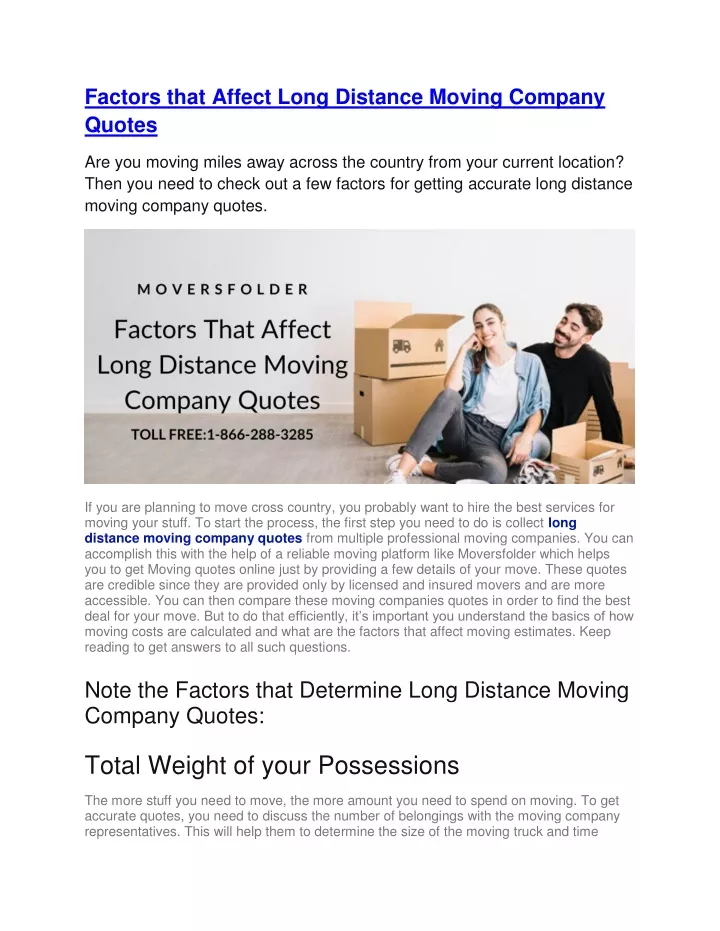 factors that affect long distance moving company