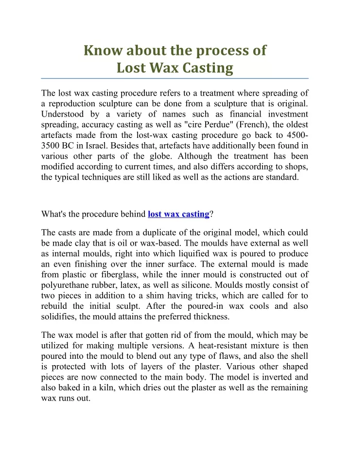 know about the process of lost wax casting