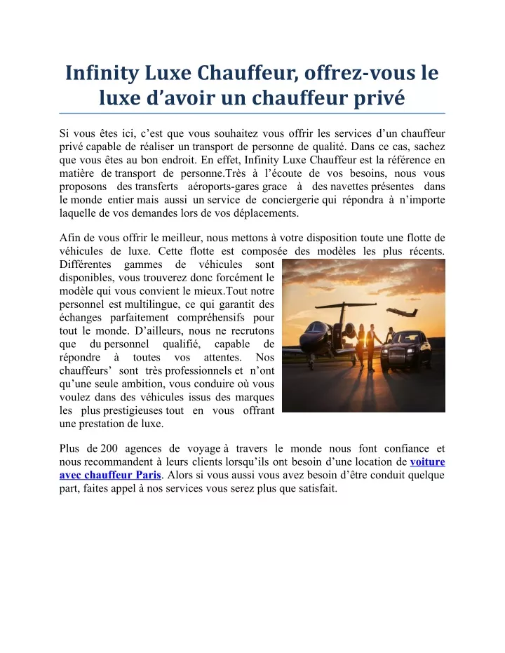 infinity luxe chauffeur offrez vous le luxe