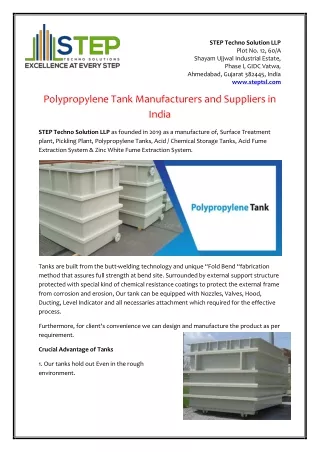 Polypropylene Tank Manufacturers and Suppliers in India