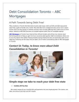 Debt Consolidation Toronto - ABC Mortgages
