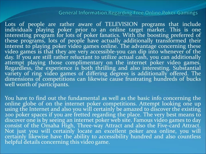 general information regarding free online poker gamings