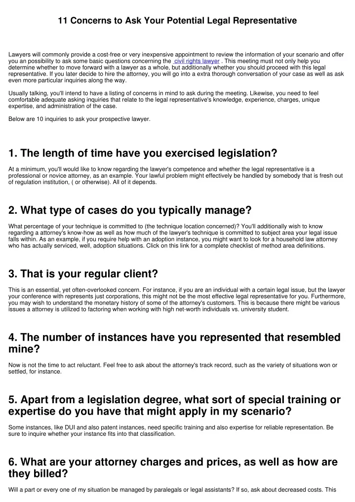 11 concerns to ask your potential legal
