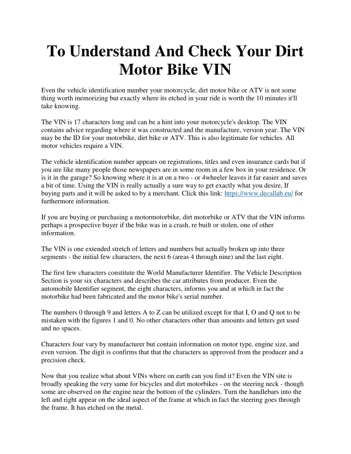 to understand and check your dirt motor bike vin