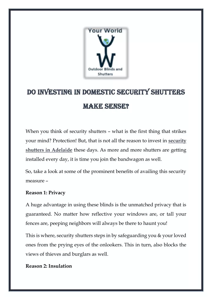 do do investing in domestic security shutters