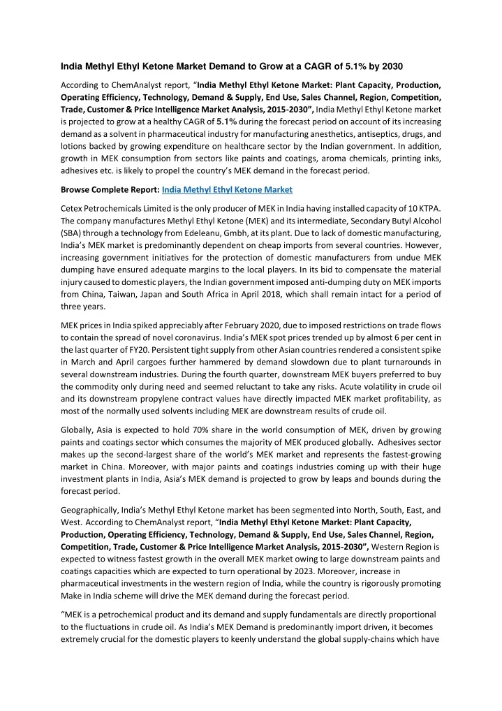 india methyl ethyl ketone market demand to grow