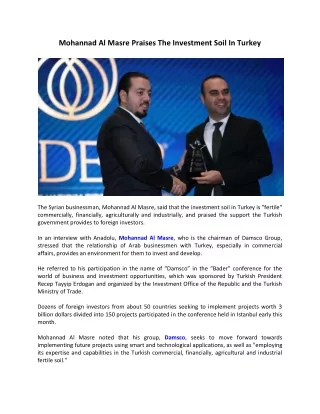 Mohannad Al Masre Praises The Investment Soil In Turkey