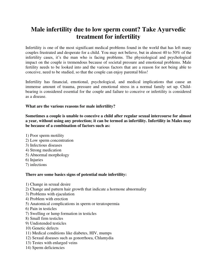 male infertility due to low sperm count take