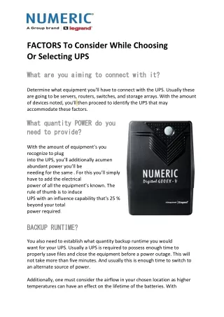 FACTORS To Consider While Choosing Or Selecting UPS