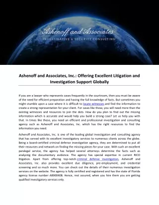 ashenoff and associates inc offering excellent