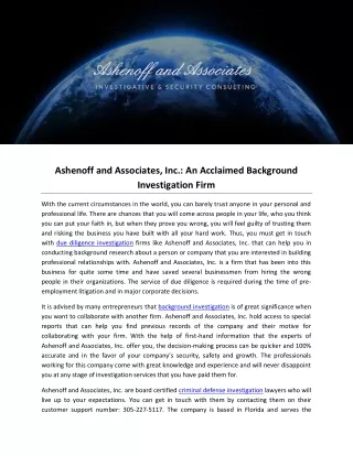 ashenoff and associates inc an acclaimed
