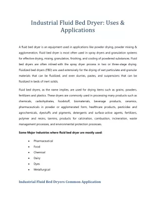 industrial fluid bed dryer uses applications