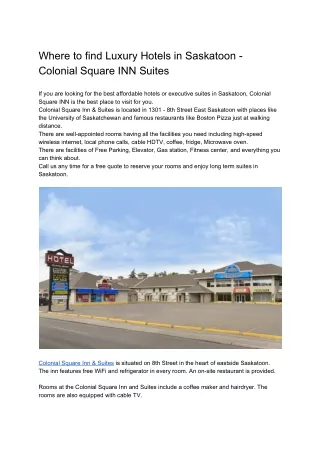 Where To Find Luxury Hotels In Saskatoon - Colonial Square INN & Suites