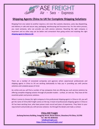 Shipping agents china to uk for complete shipping solutions