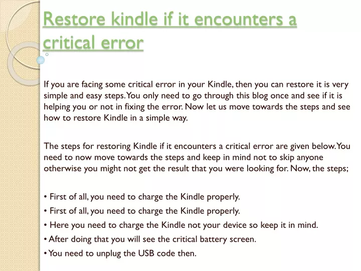 restore kindle if it encounters a critical error