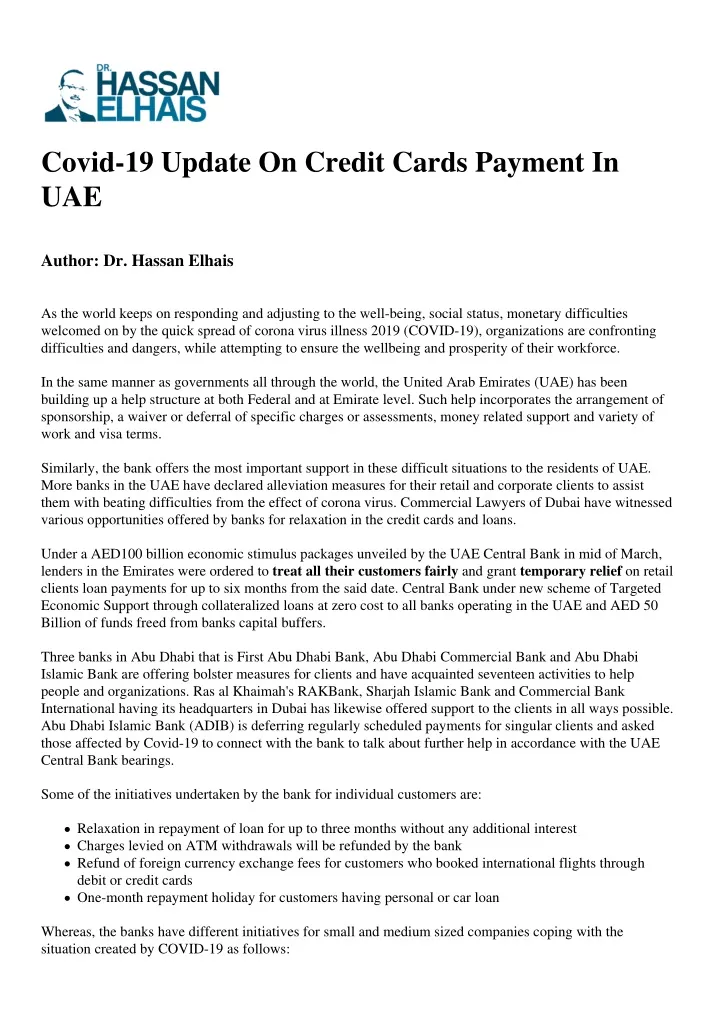 covid 19 update on credit cards payment in uae