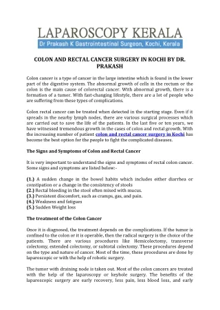 Colon and Rectal Cancer Surgery in Kochi by Dr. Prakash