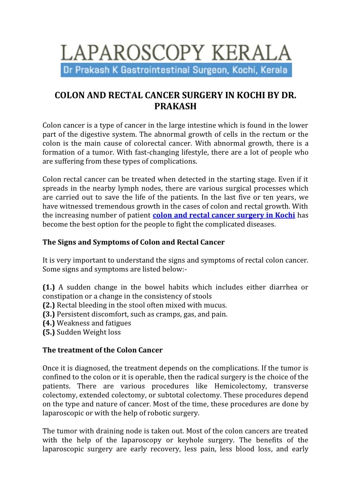 colon and rectal cancer surgery in kochi