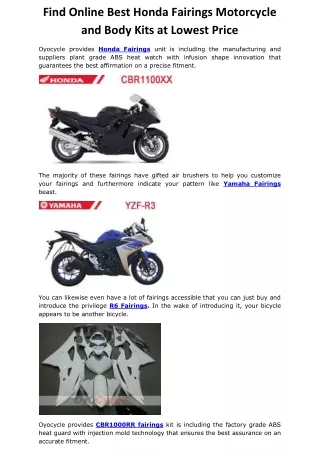 Find Online Best Honda Fairings Motorcycle and Body Kits at Lowest Price