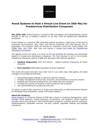 Knack Systems to Host a Virtual Live Event on 20th May for Foodservices Distribution Companies