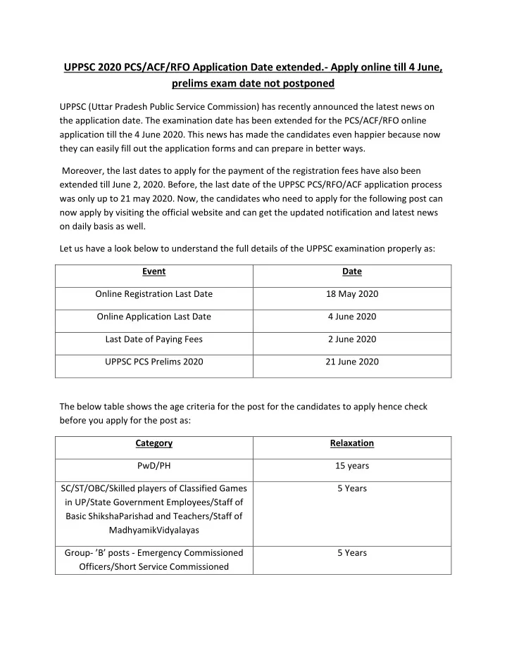 uppsc 2020 pcs acf rfo application date extended