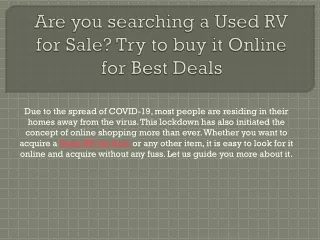 Are you searching a Used RV for Sale? Try to buy it Online for Best Deals