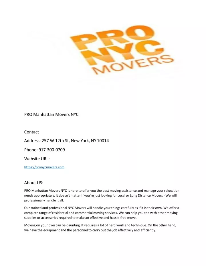 pro manhattan movers nyc contact address