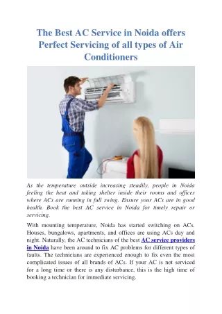 The Best AC Service in Noida offers Perfect Servicing of all types of Air Conditioners
