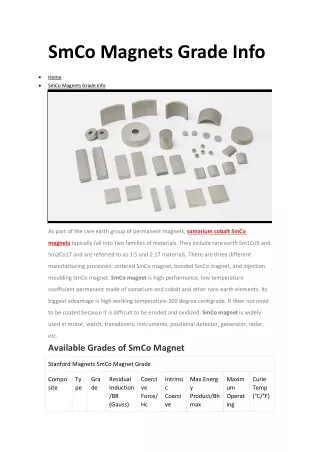 SmCo Magnets Grade Info