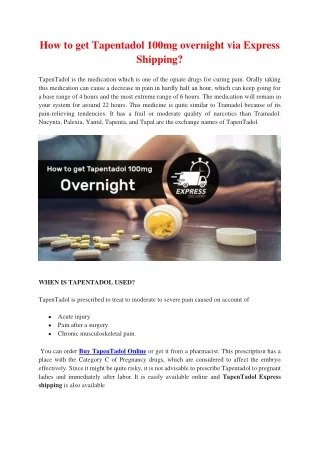 What are the ways to get Tapentadol Overnight via express shipping?