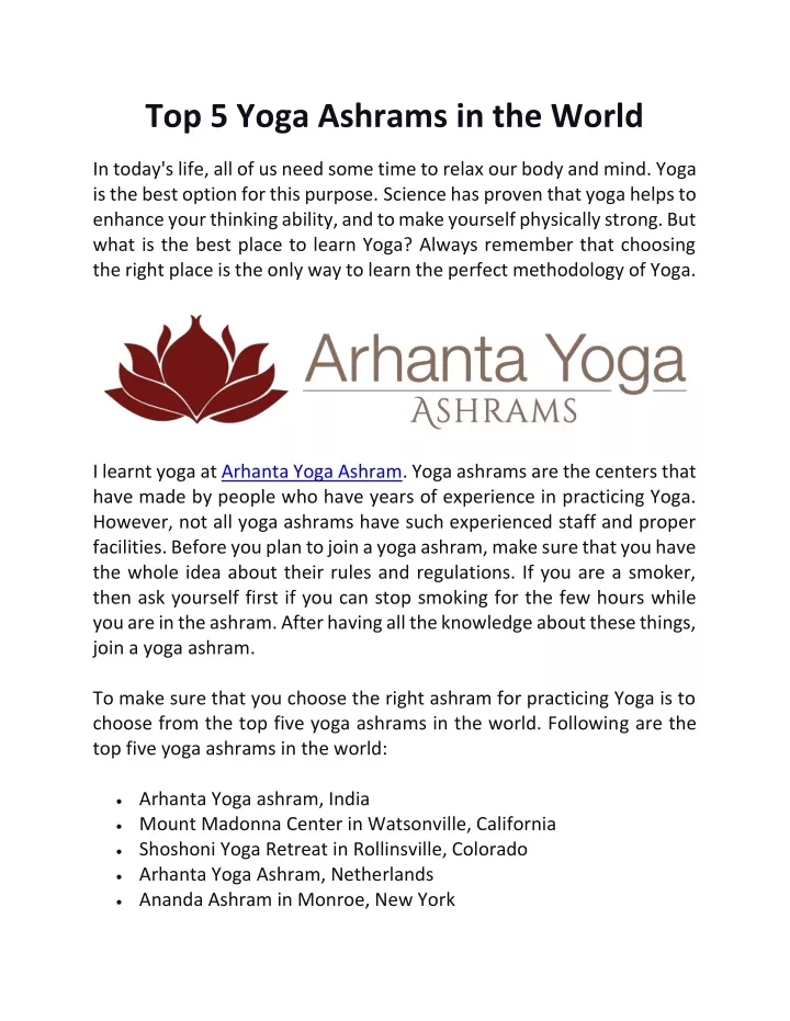 top 5 yoga ashrams in the world