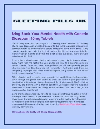 Bring Back Your Mental Health with Generic Diazepam 10mg Tablets